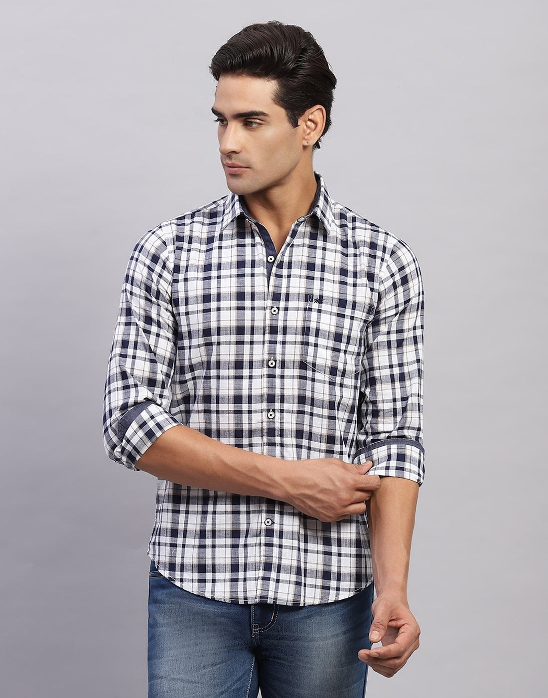 Men White Check Collar Full Sleeve Shirt