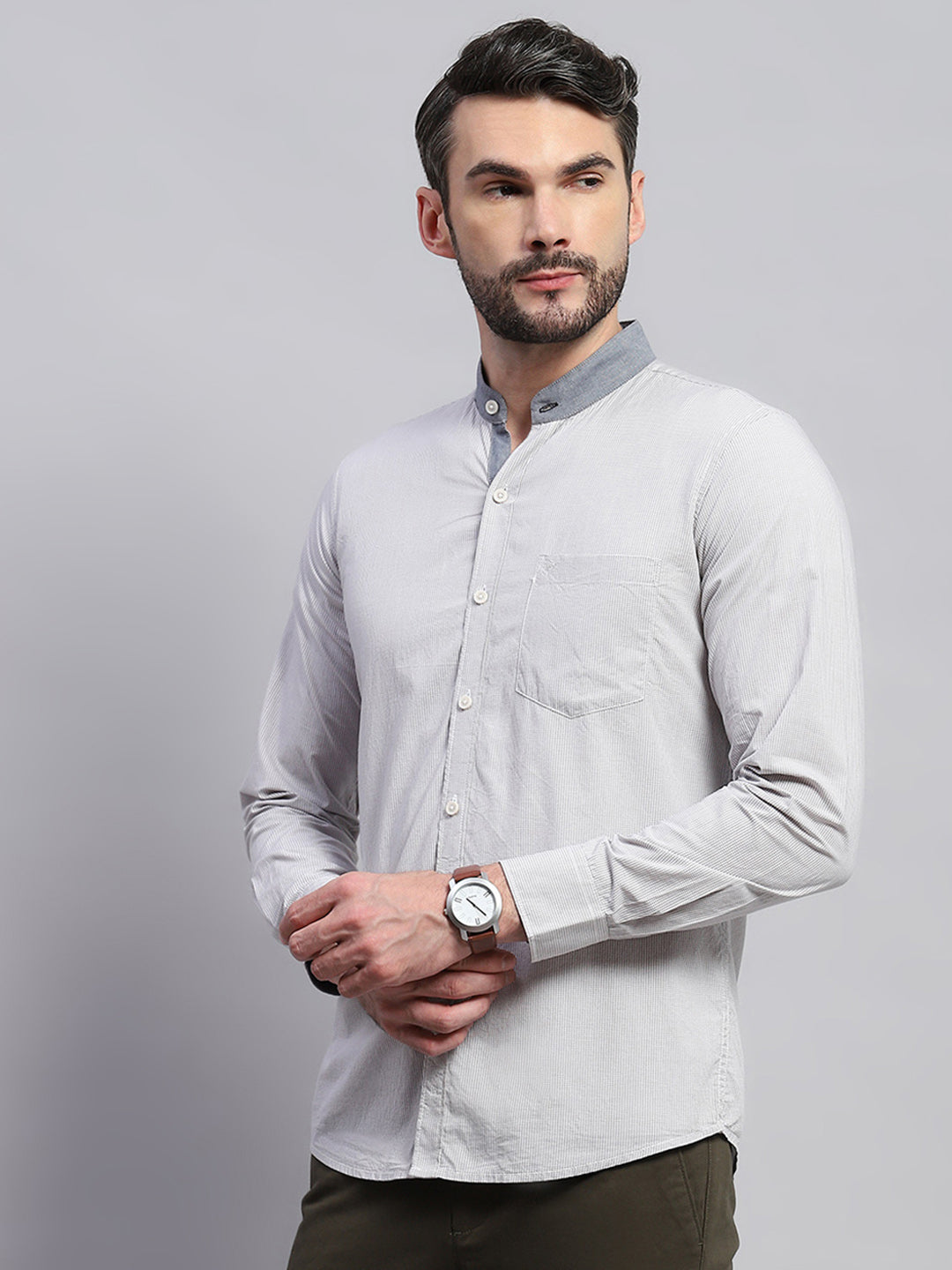 Men Grey Solid Band Collar Full Sleeve Shirt