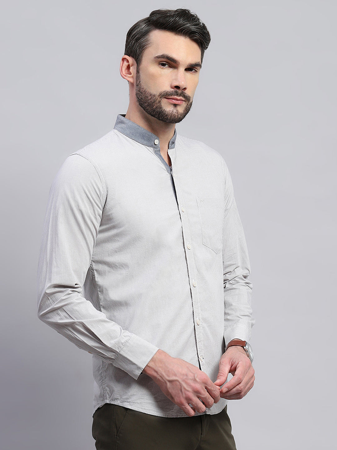 Men Grey Solid Band Collar Full Sleeve Shirt