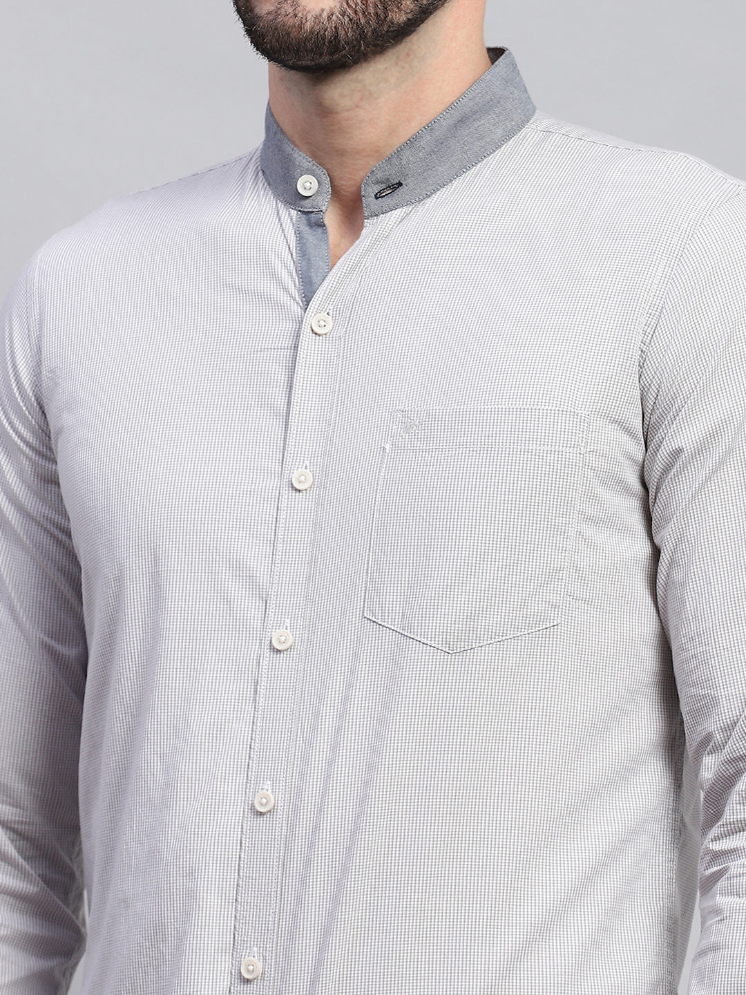 Men Grey Solid Band Collar Full Sleeve Shirt