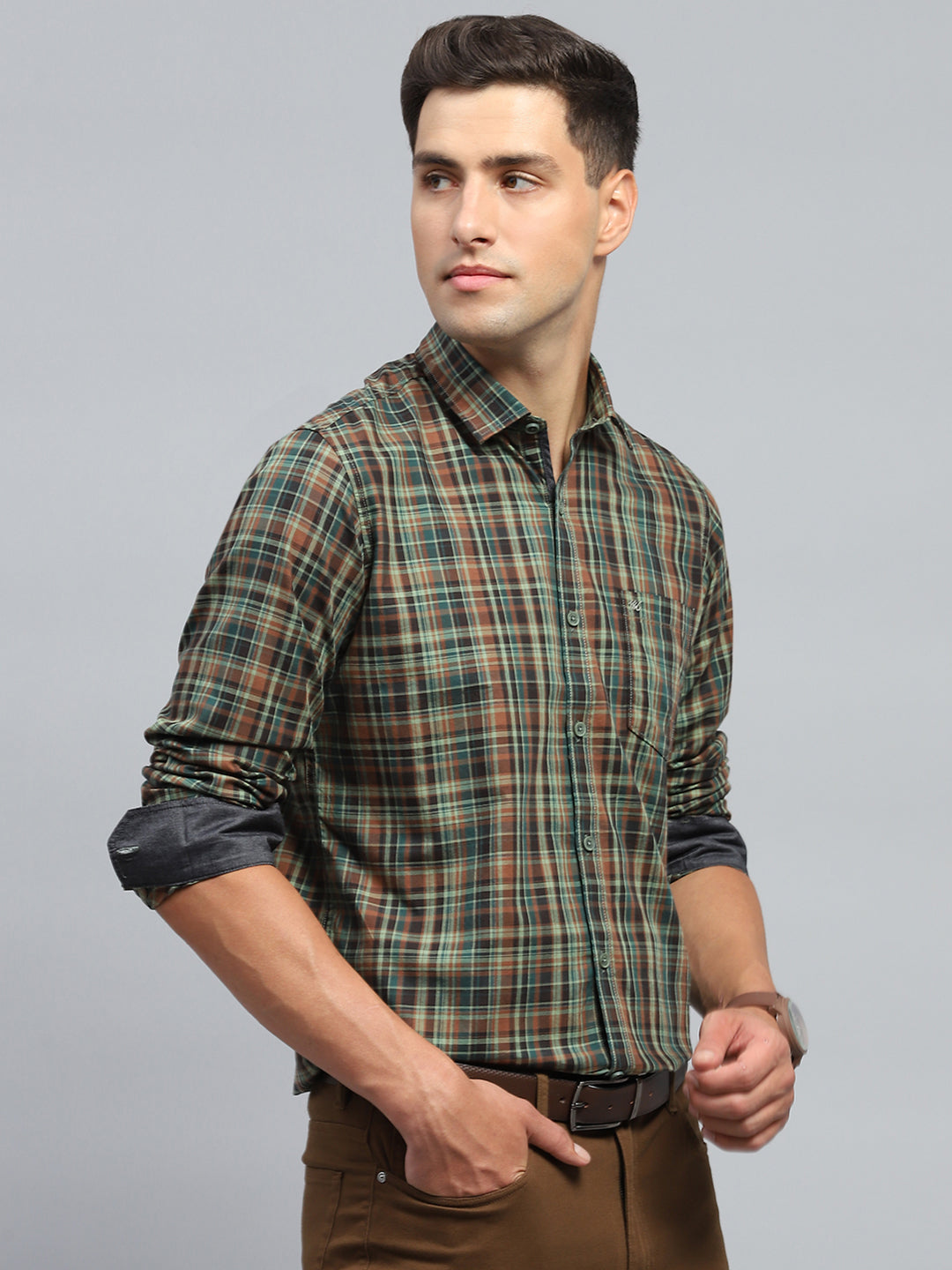 Men Olive Check Collar Full Sleeve Shirt