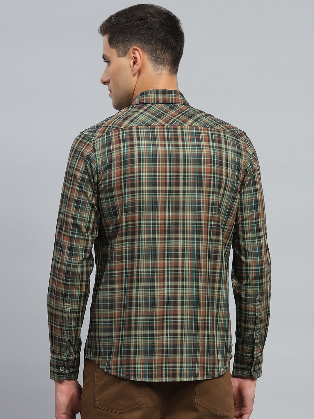 Men Olive Check Collar Full Sleeve Shirt