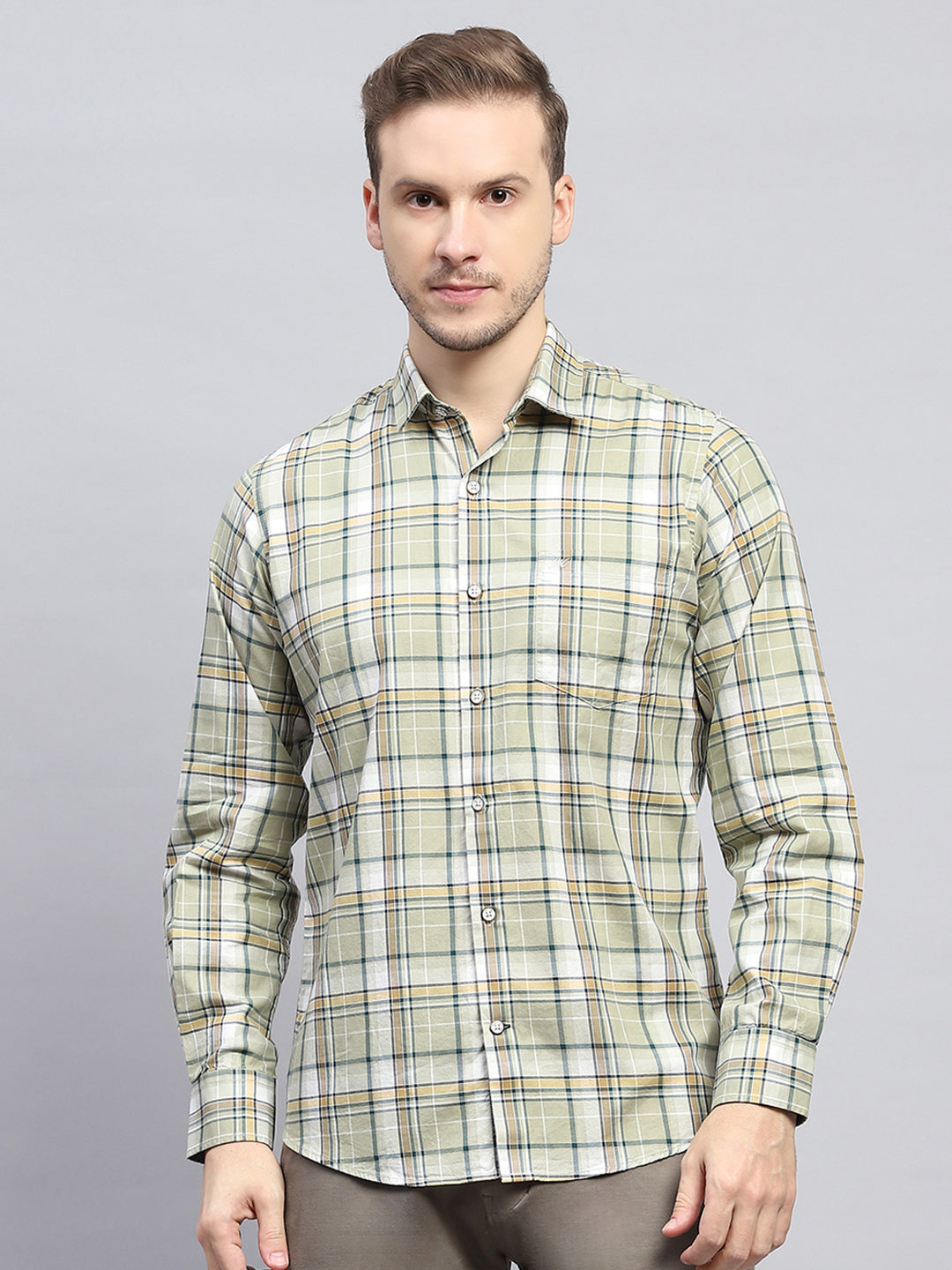 Men Olive Check Collar Full Sleeve Shirt