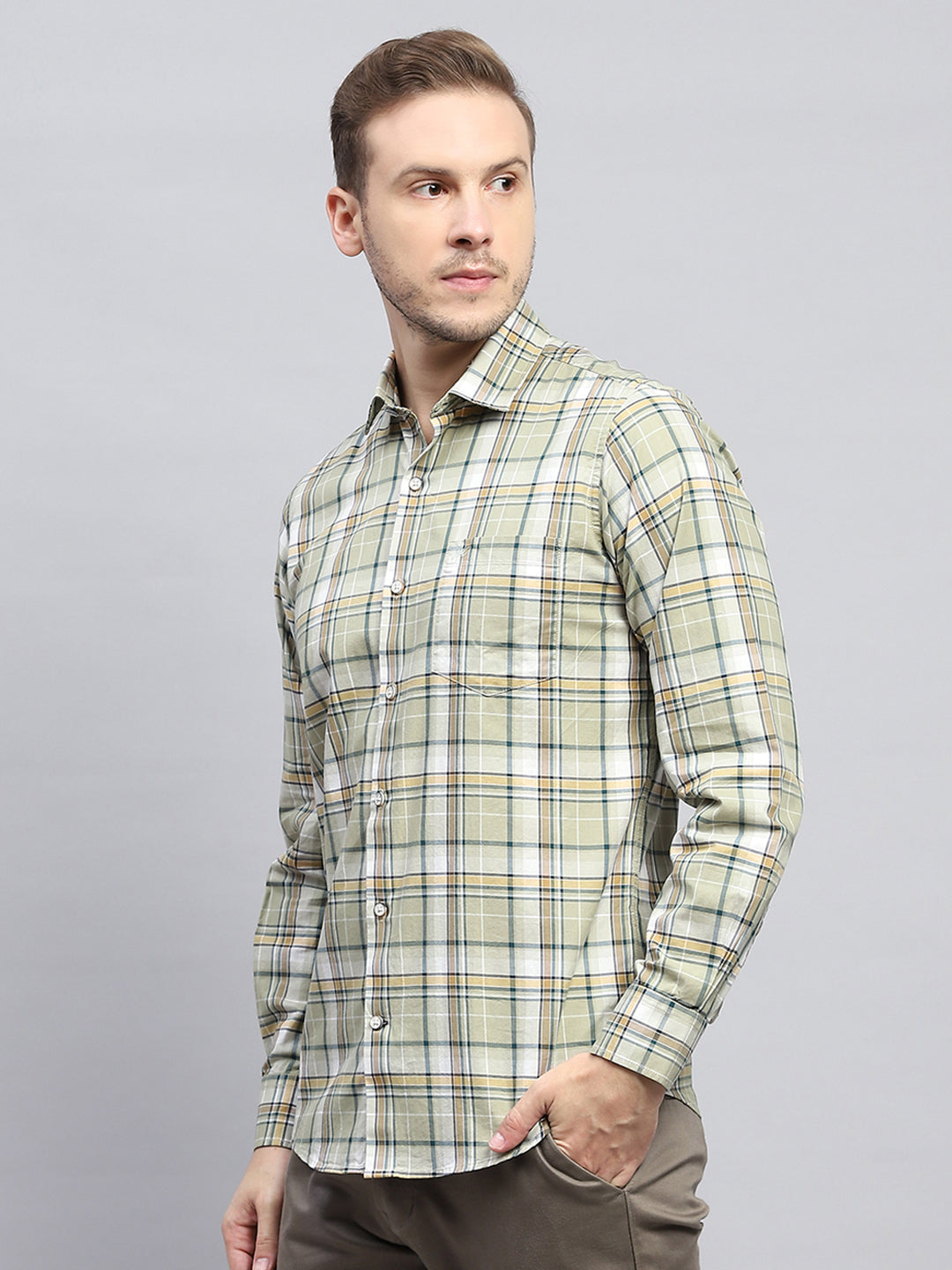 Men Olive Check Collar Full Sleeve Shirt