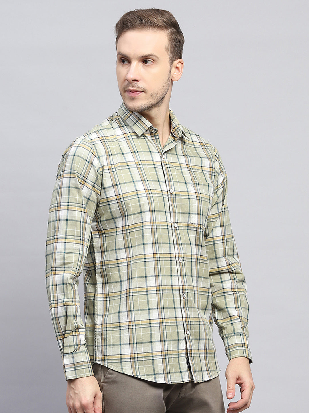 Men Olive Check Collar Full Sleeve Shirt