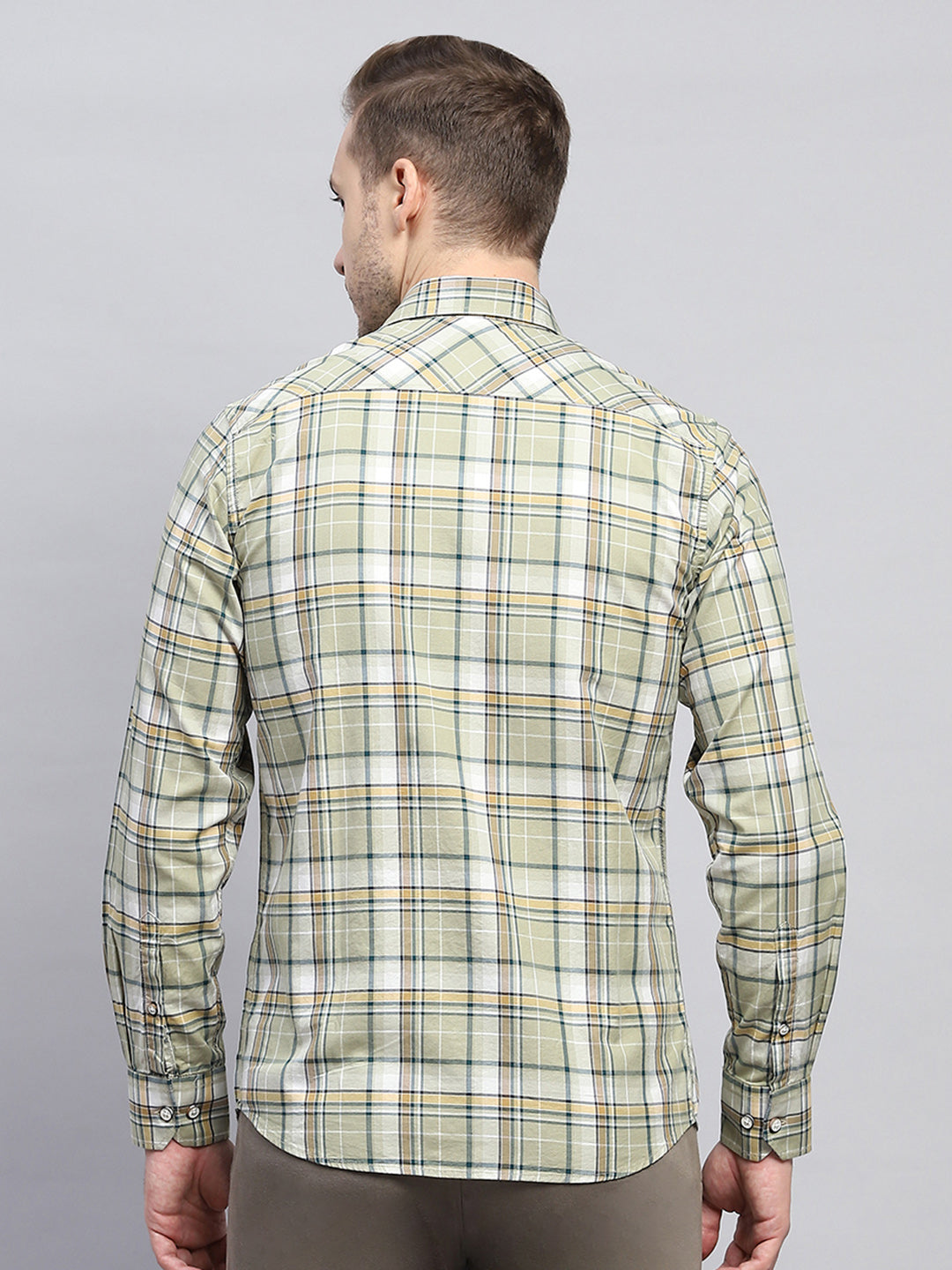 Men Olive Check Collar Full Sleeve Shirt