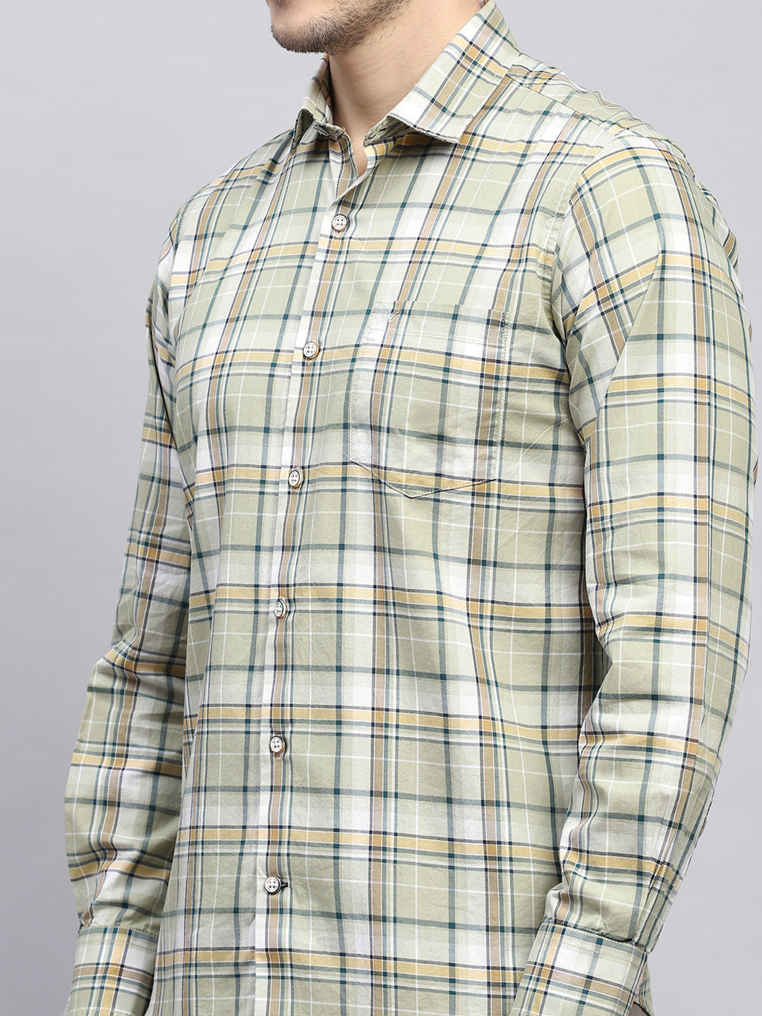 Men Olive Check Collar Full Sleeve Shirt