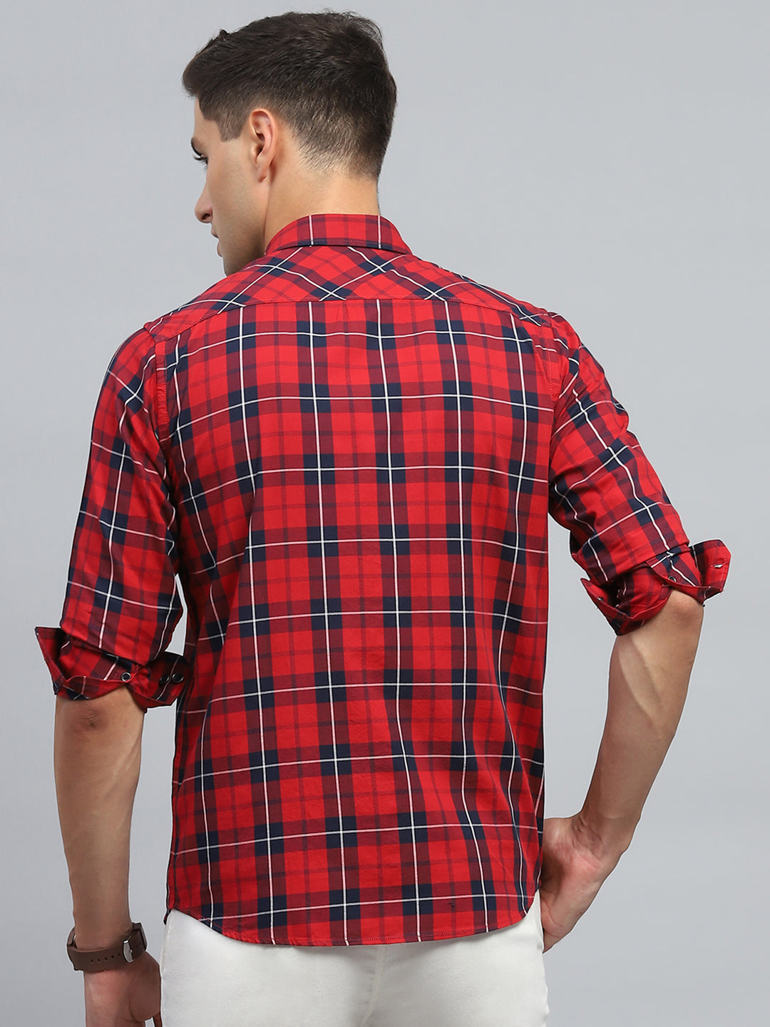 Men Red Check Collar Full Sleeve Shirt