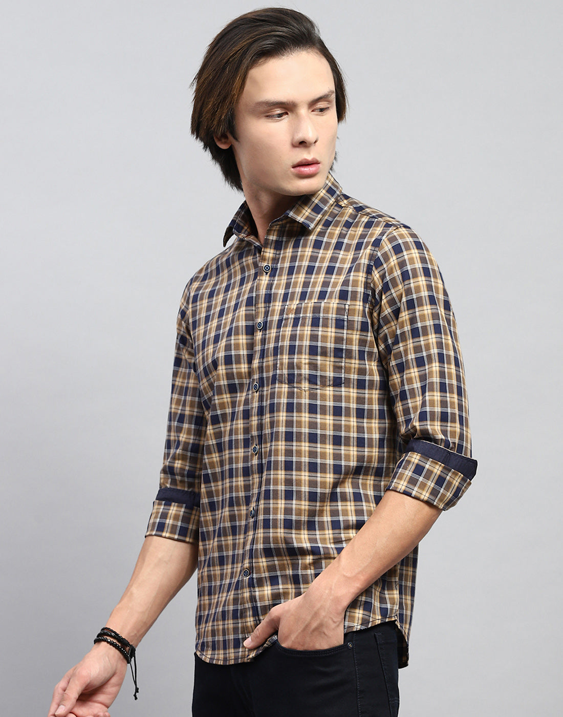 Men Brown Check Collar Full Sleeve Shirt