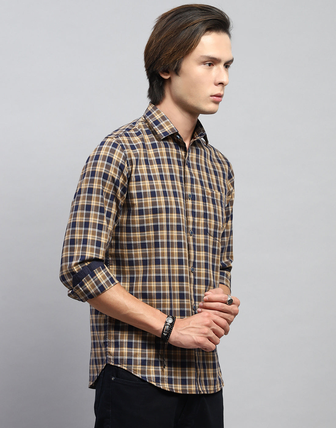 Men Brown Check Collar Full Sleeve Shirt