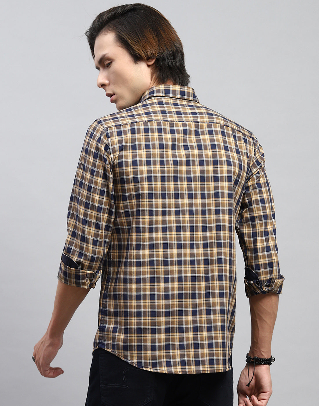 Men Brown Check Collar Full Sleeve Shirt