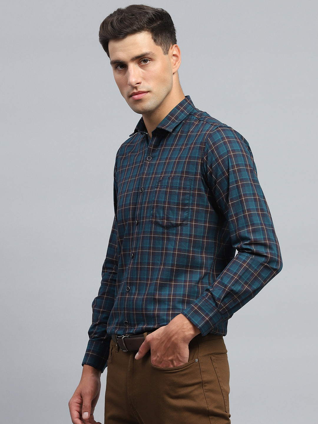 Men Teal Blue Check Collar Full Sleeve Shirt