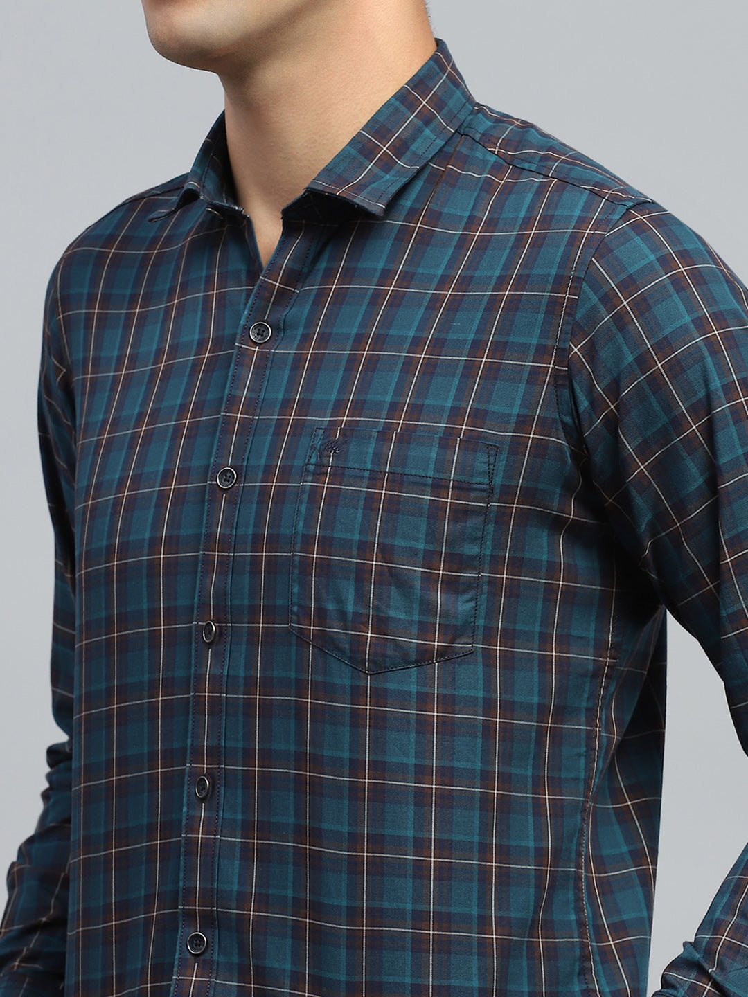 Men Teal Blue Check Collar Full Sleeve Shirt