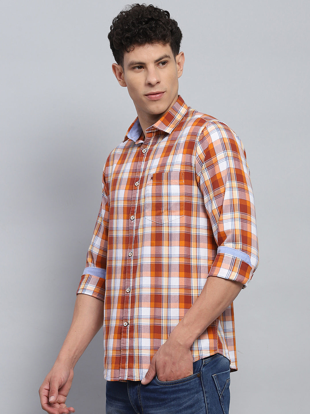 Men Orange Check Collar Full Sleeve Shirt