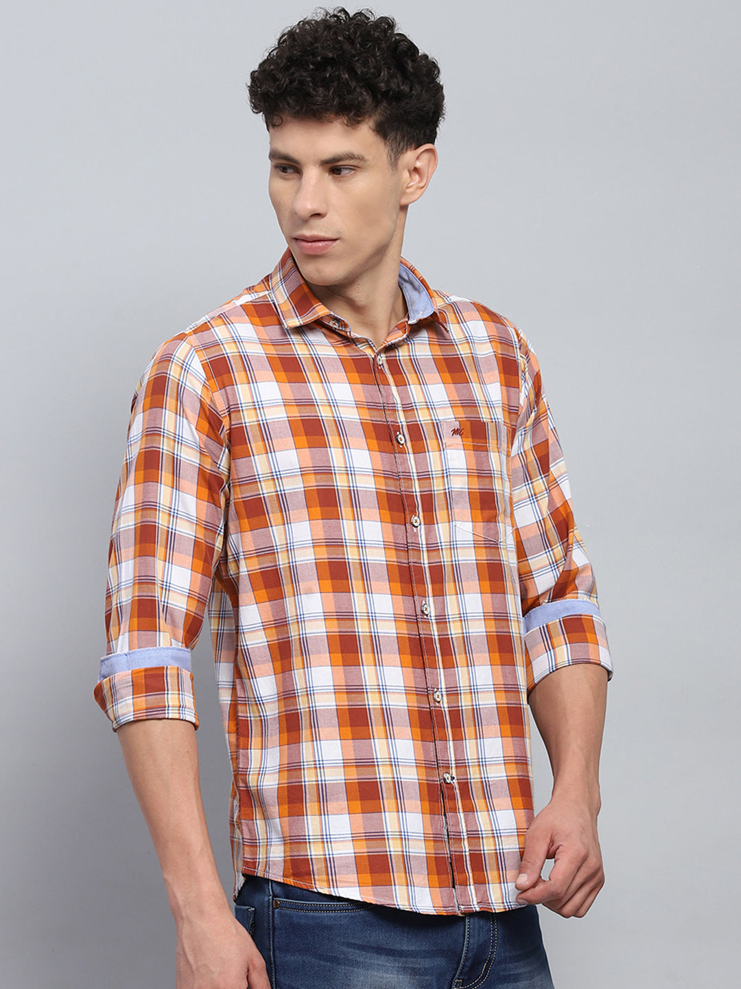 Men Orange Check Collar Full Sleeve Shirt