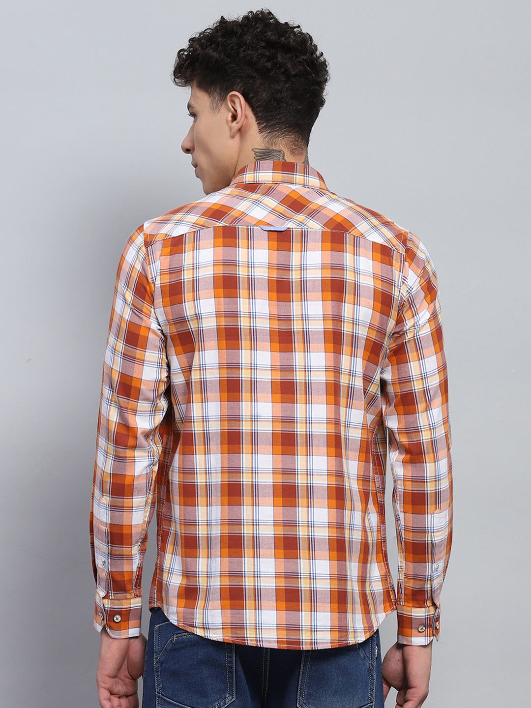 Men Orange Check Collar Full Sleeve Shirt