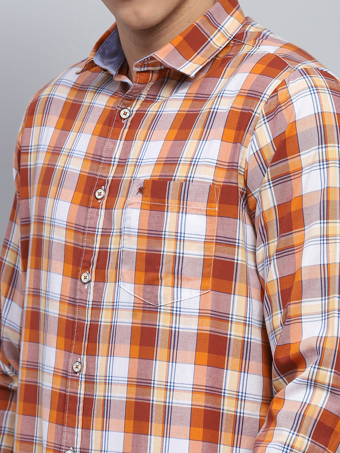 Men Orange Check Collar Full Sleeve Shirt