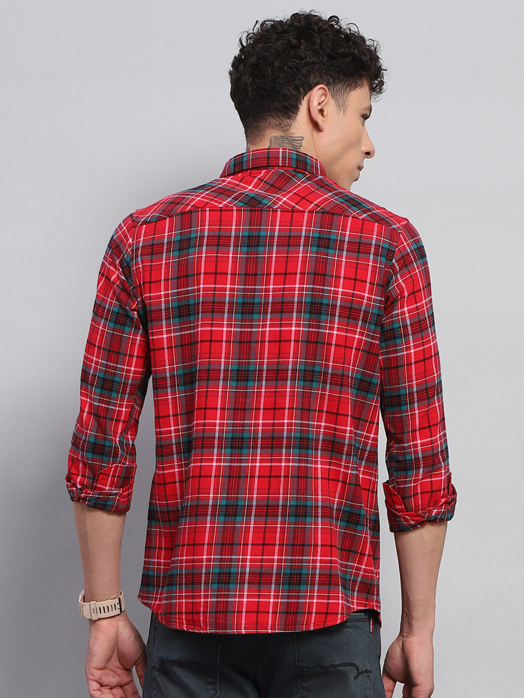 Men Red Check Collar Full Sleeve Shirt