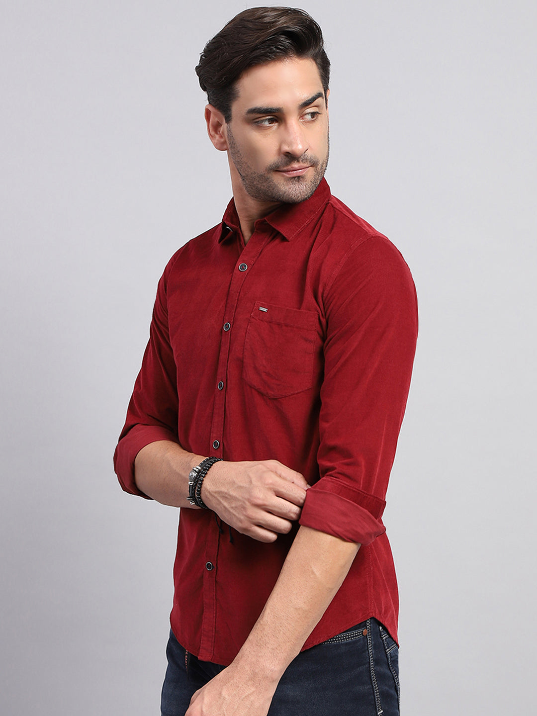 Men Maroon Solid Collar Full Sleeve Shirt