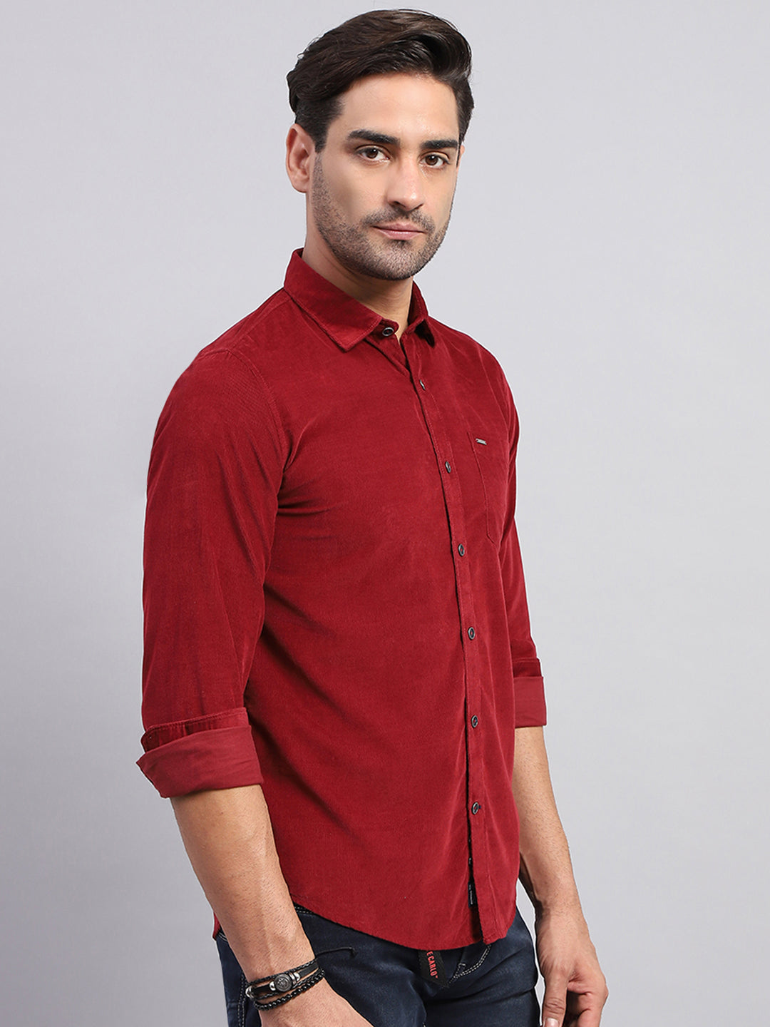 Men Maroon Solid Collar Full Sleeve Shirt