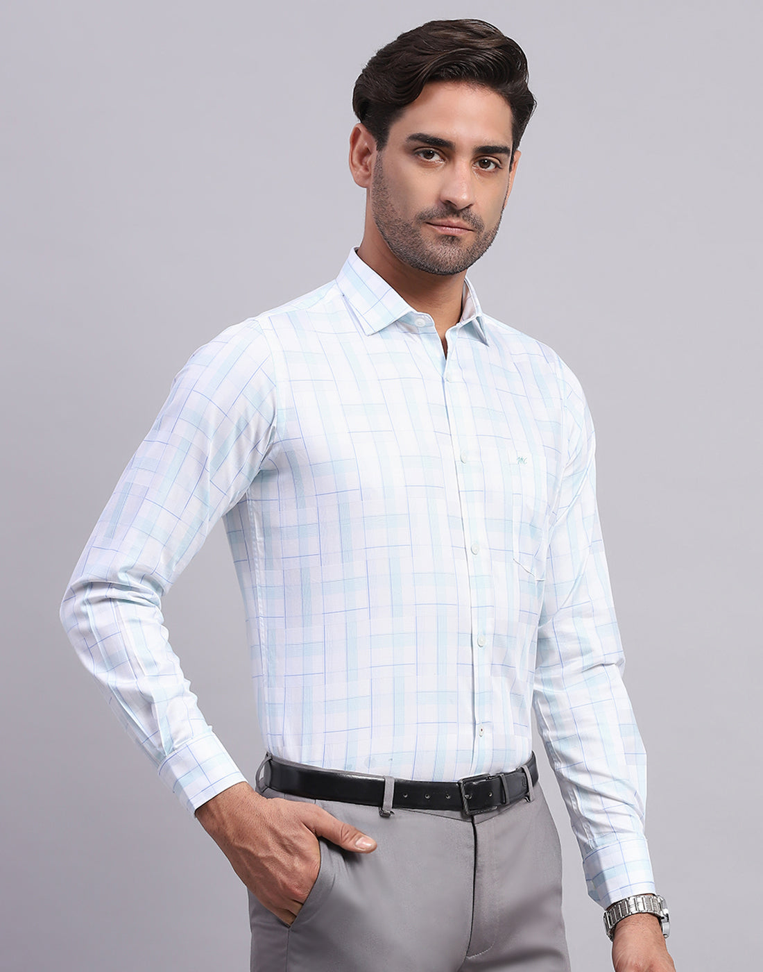 Men Off White Check Collar Full Sleeve Shirt