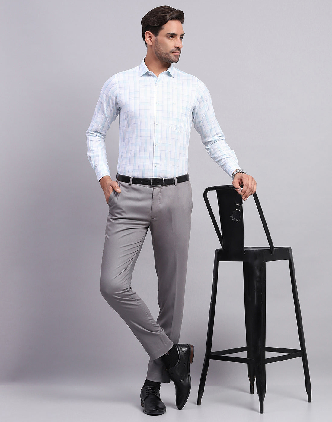 Men Off White Check Collar Full Sleeve Shirt