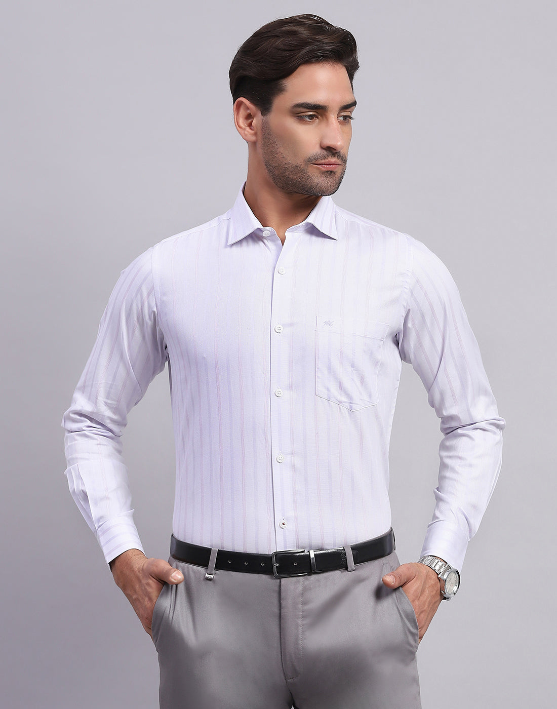 Men Purple Stripe Collar Full Sleeve Shirt