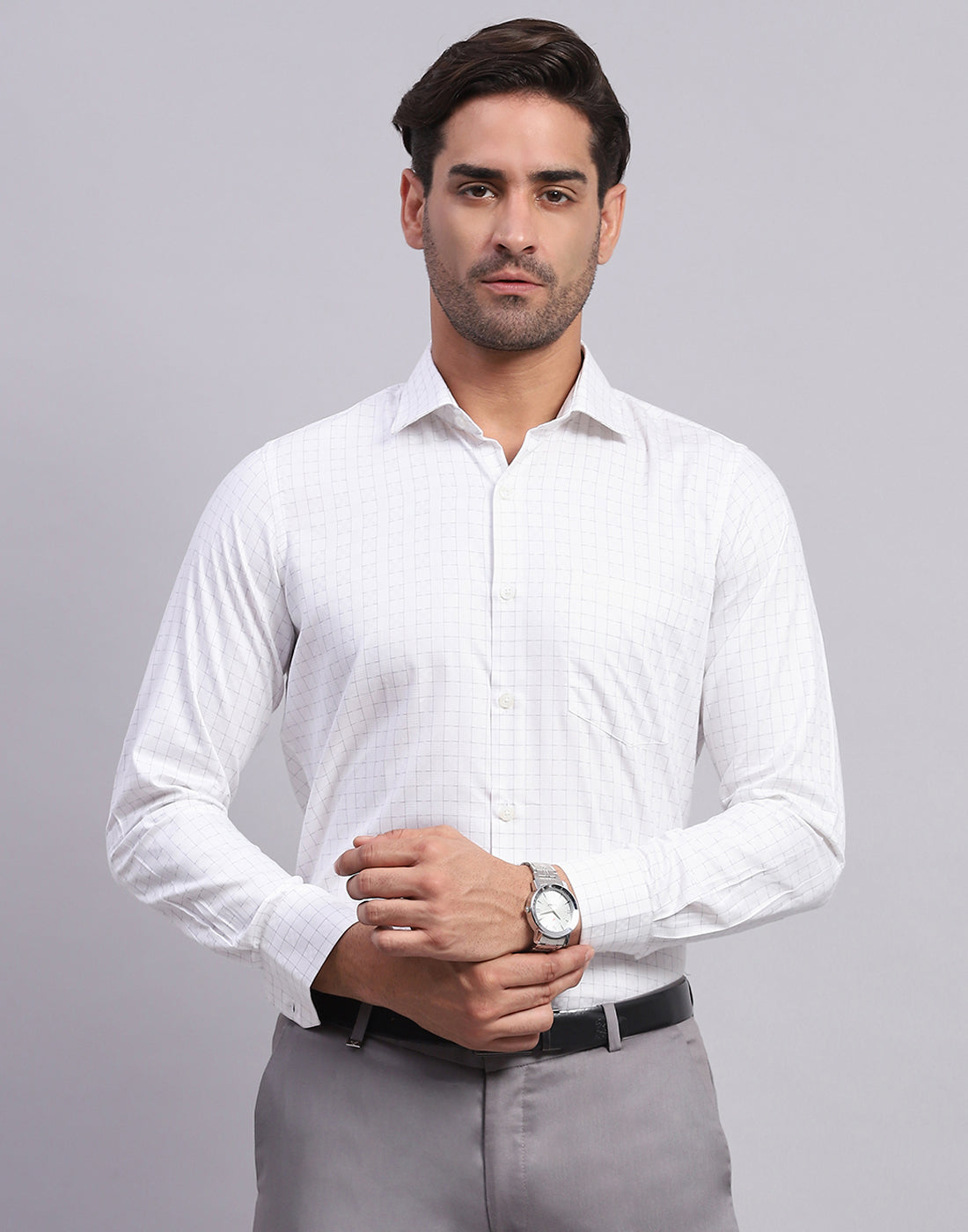 Men White Self Design Collar Full Sleeve Shirt