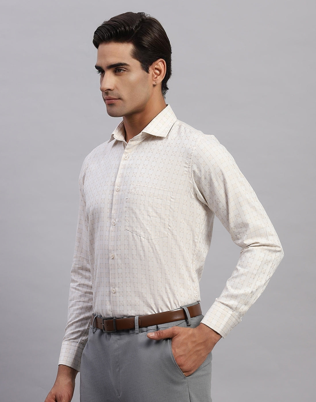 Men Cream Check Collar Full Sleeve Shirt