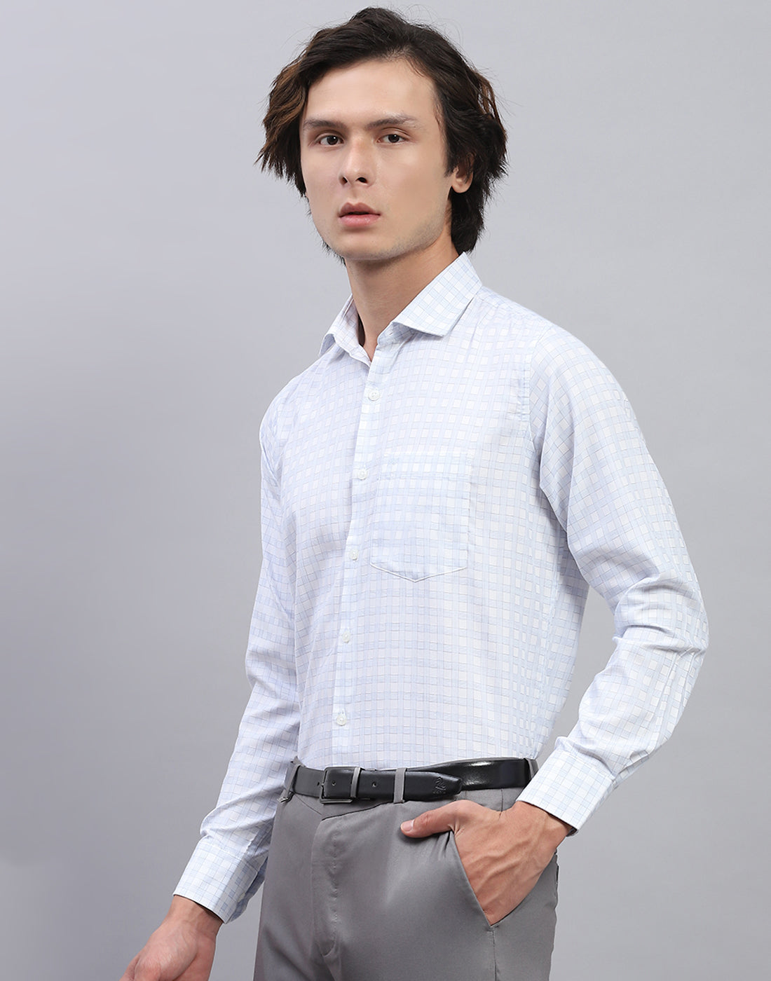 Men Sky Blue Check Collar Full Sleeve Shirt