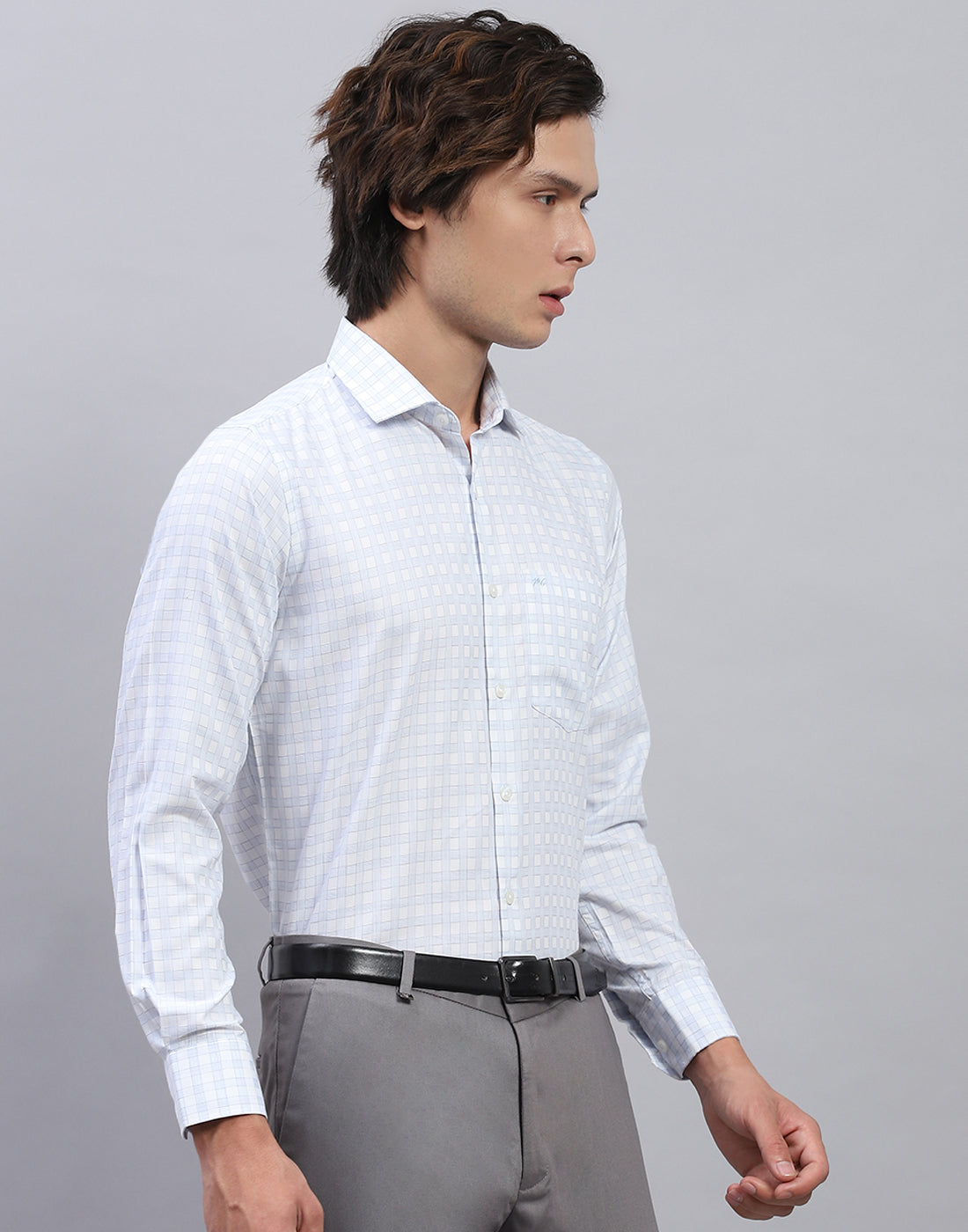 Men Sky Blue Check Collar Full Sleeve Shirt