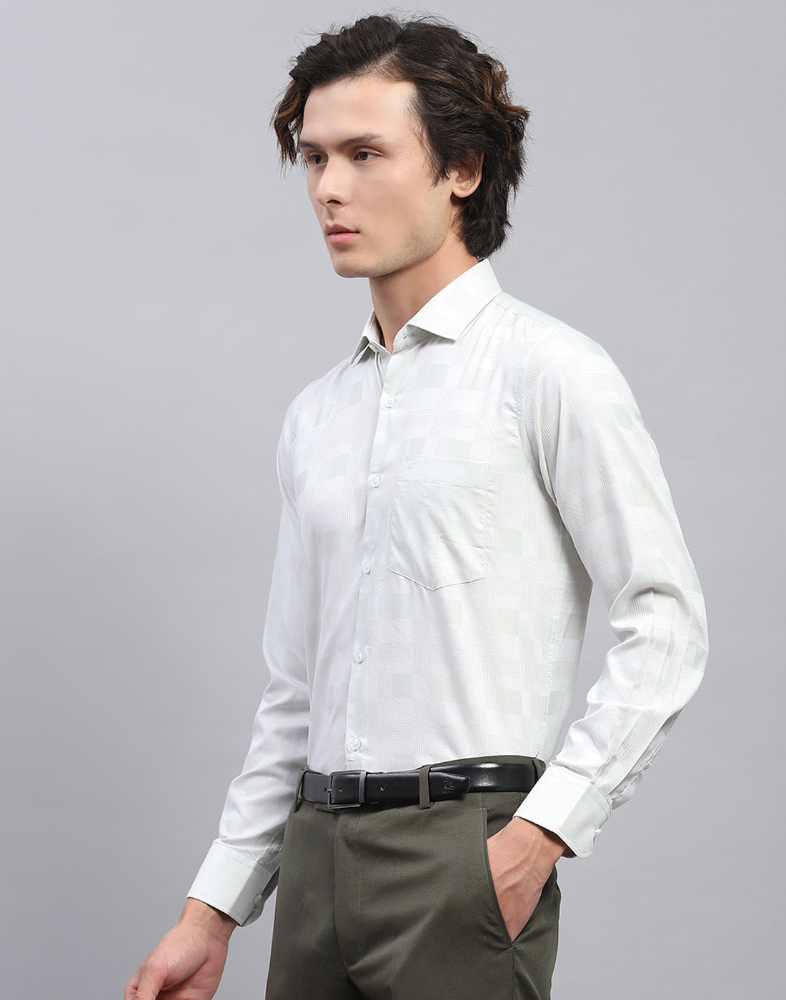 Men Green Self Design Collar Full Sleeve Shirt