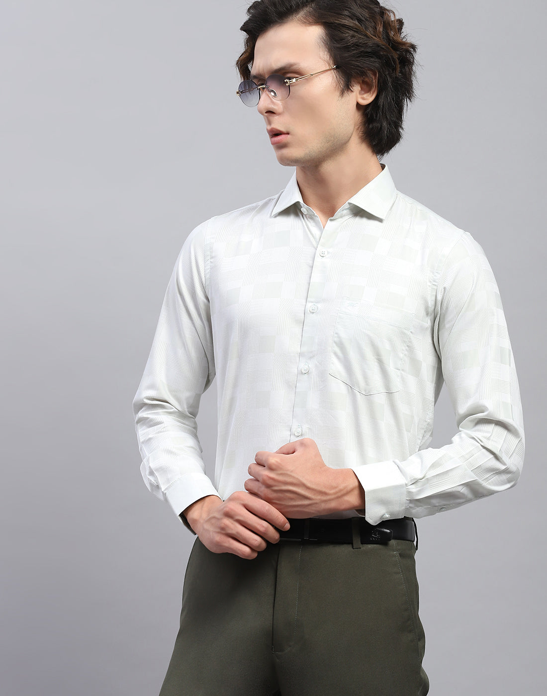 Men Green Self Design Collar Full Sleeve Shirt