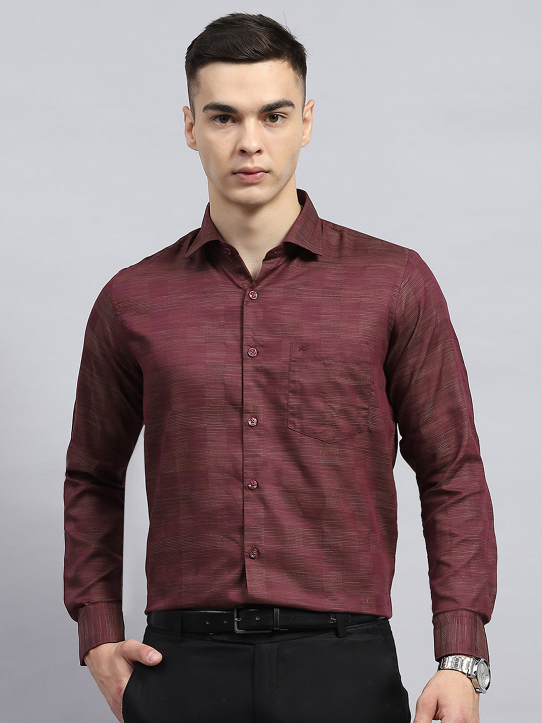 Men Maroon Self Design Collar Full Sleeve Shirt