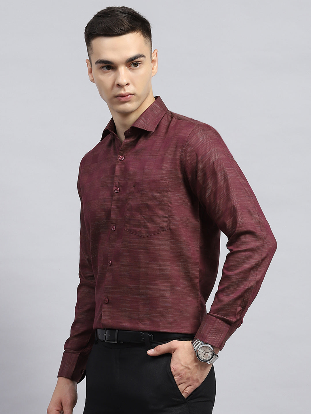 Men Maroon Self Design Collar Full Sleeve Shirt