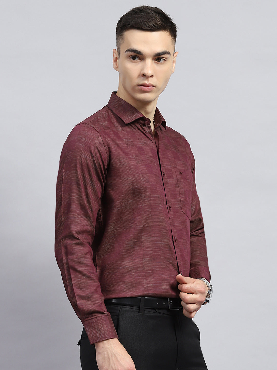 Men Maroon Self Design Collar Full Sleeve Shirt