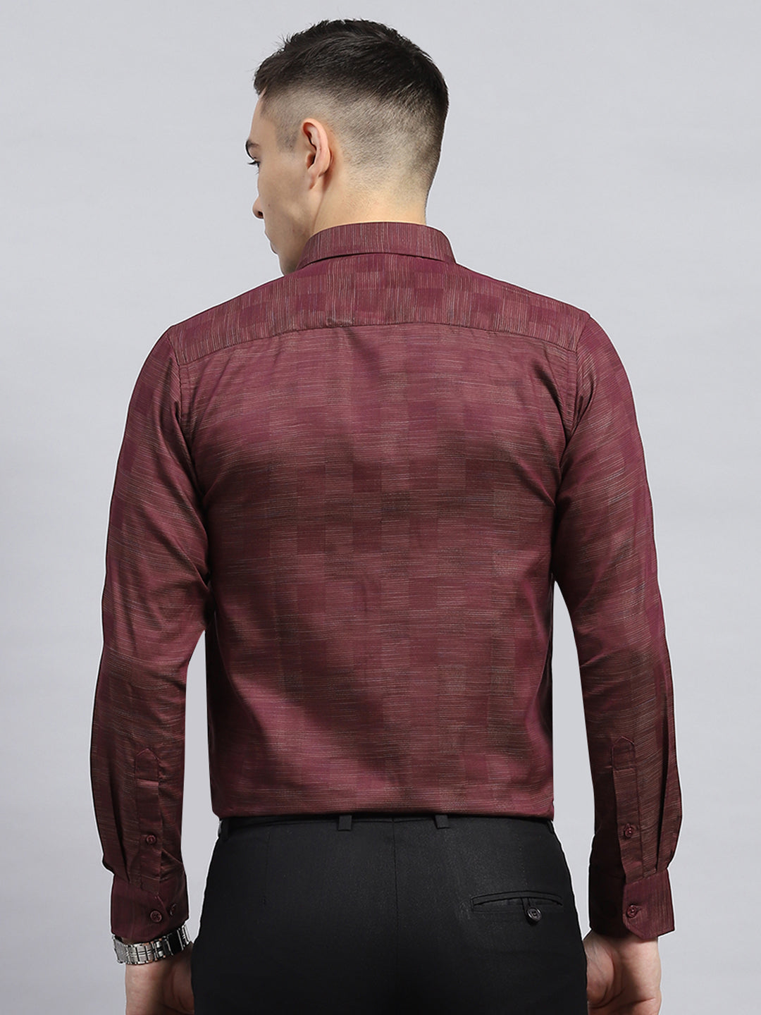 Men Maroon Self Design Collar Full Sleeve Shirt