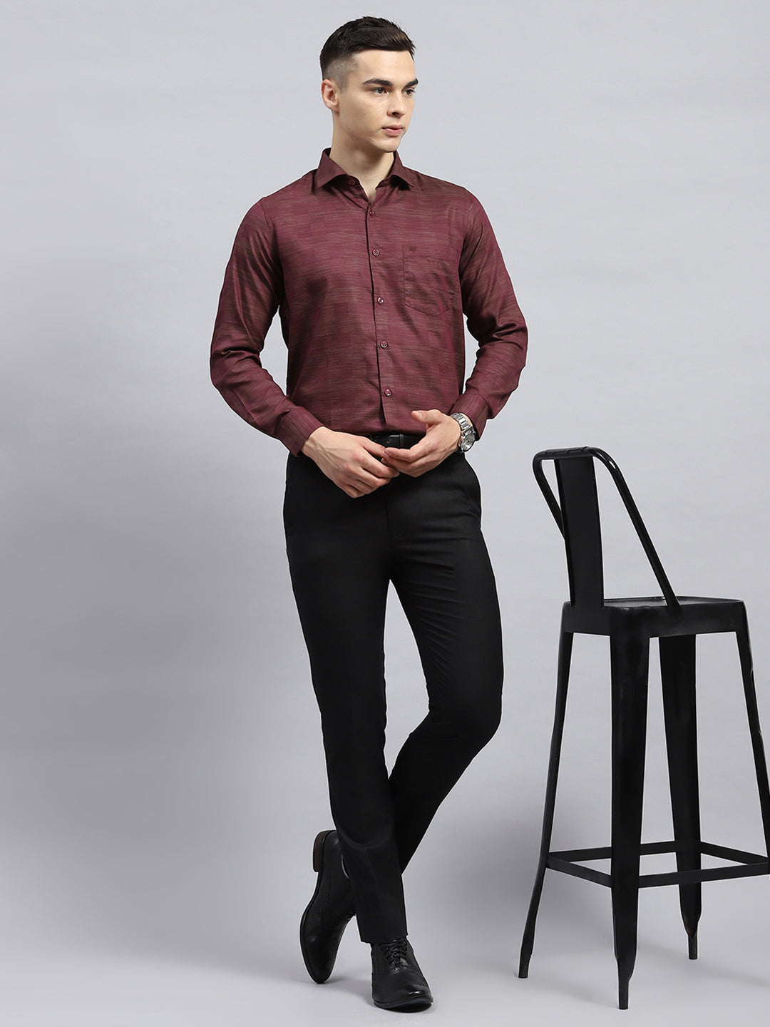 Men Maroon Self Design Collar Full Sleeve Shirt