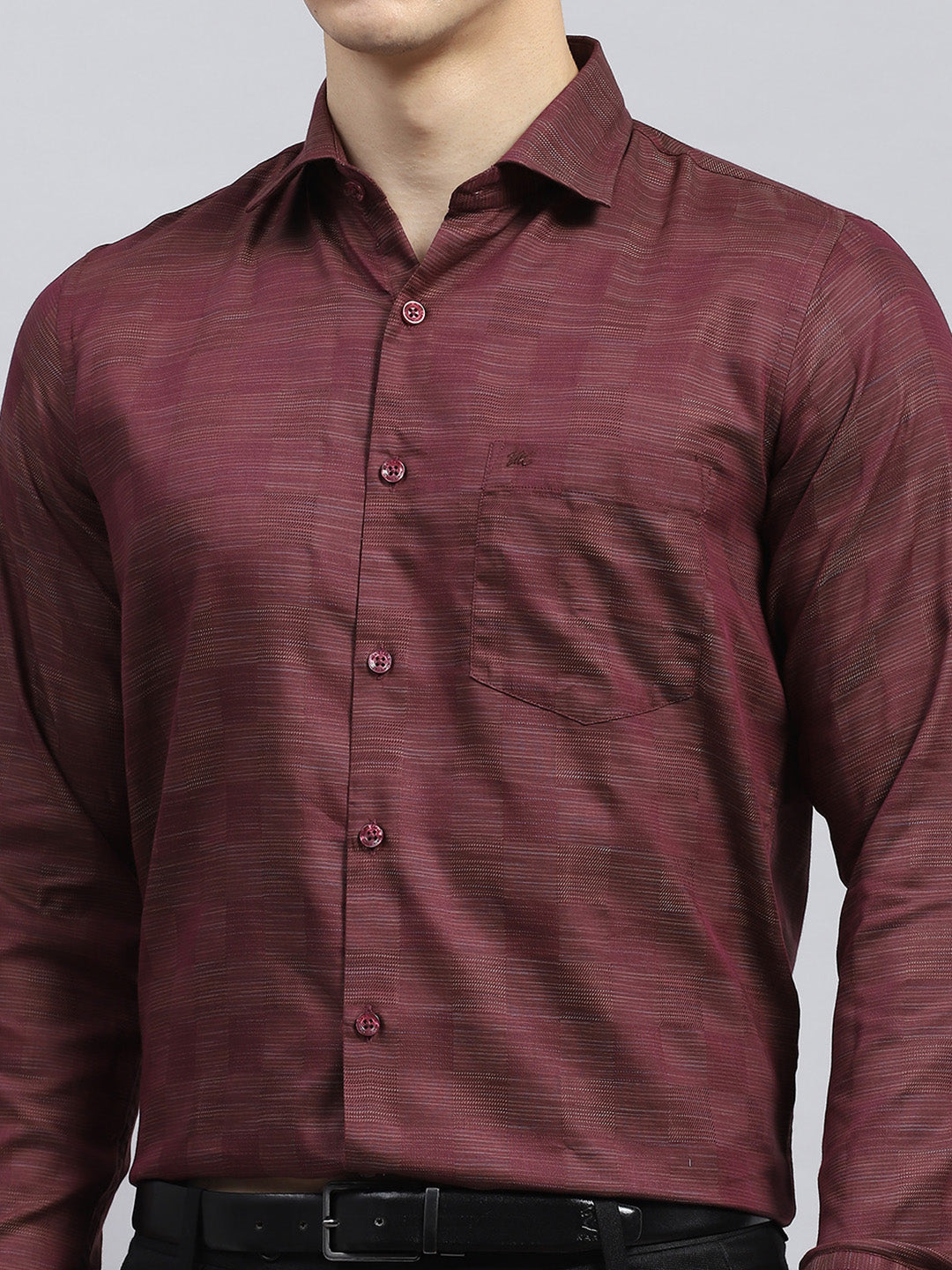 Men Maroon Self Design Collar Full Sleeve Shirt