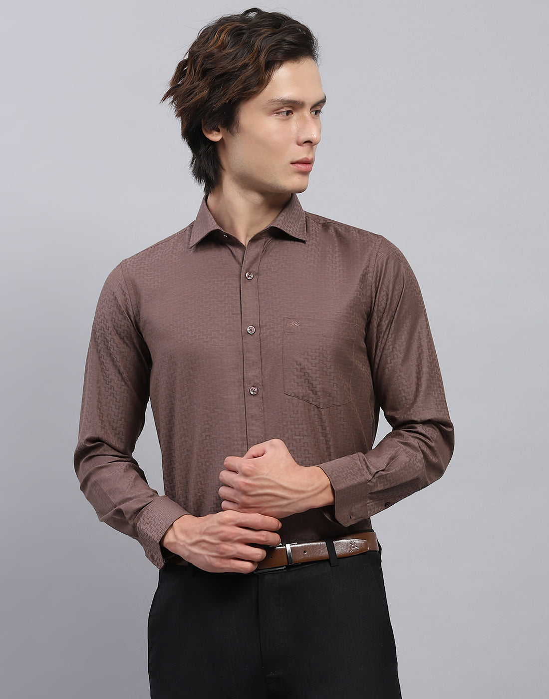 Men Brown Self Design Collar Full Sleeve Shirt