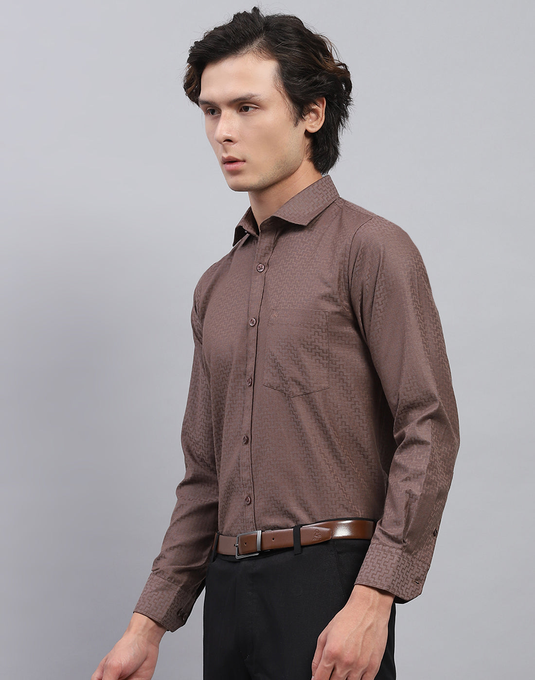 Men Brown Self Design Collar Full Sleeve Shirt