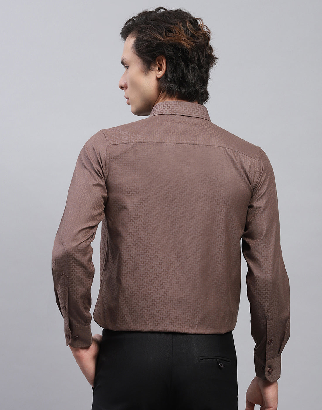 Men Brown Self Design Collar Full Sleeve Shirt