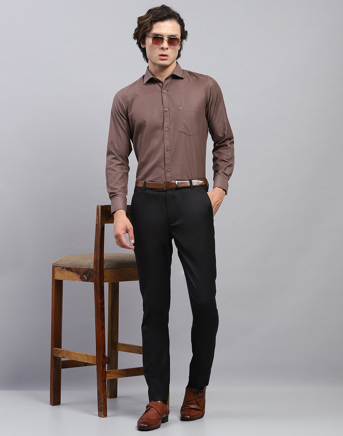 Men Brown Self Design Collar Full Sleeve Shirt