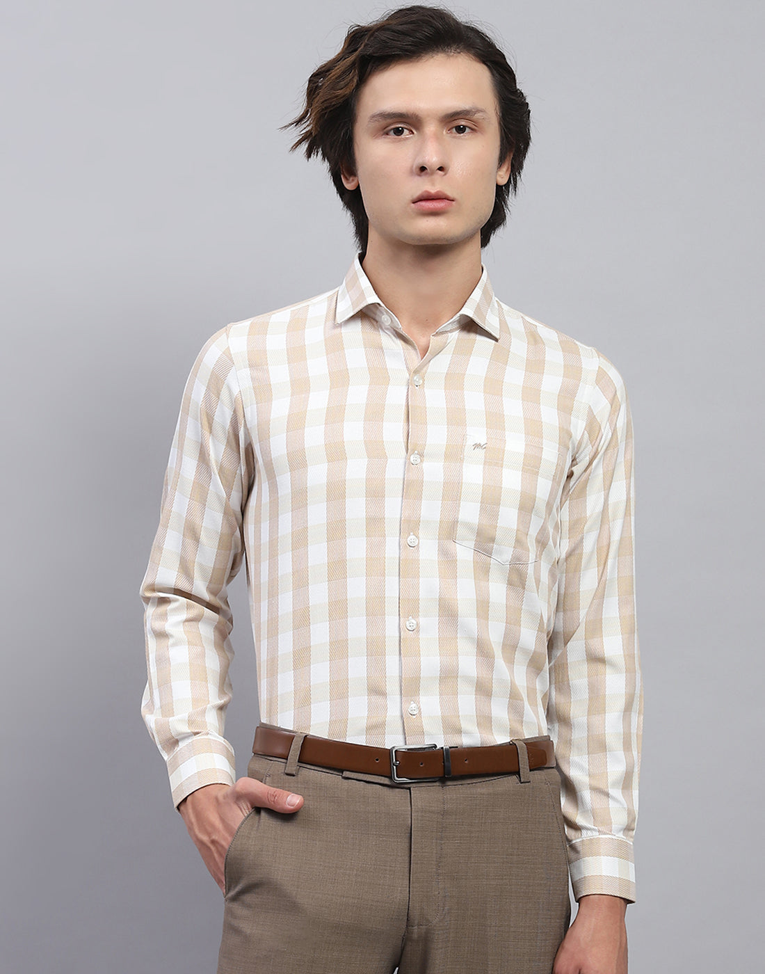 Men Beige Check Collar Full Sleeve Shirt