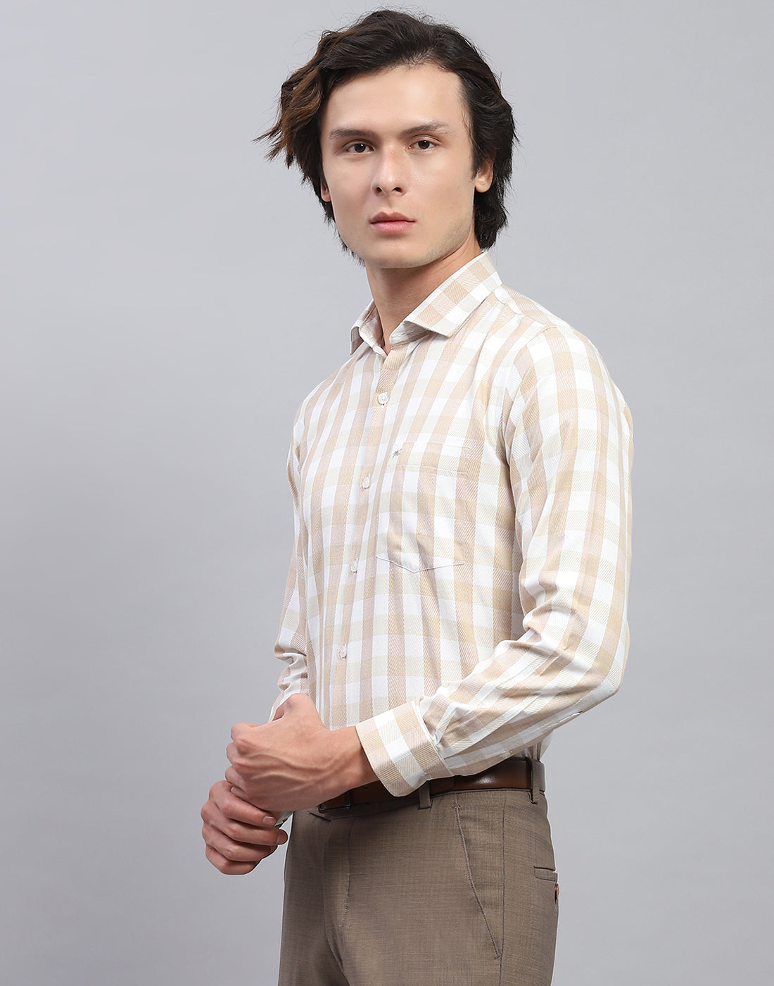 Men Beige Check Collar Full Sleeve Shirt