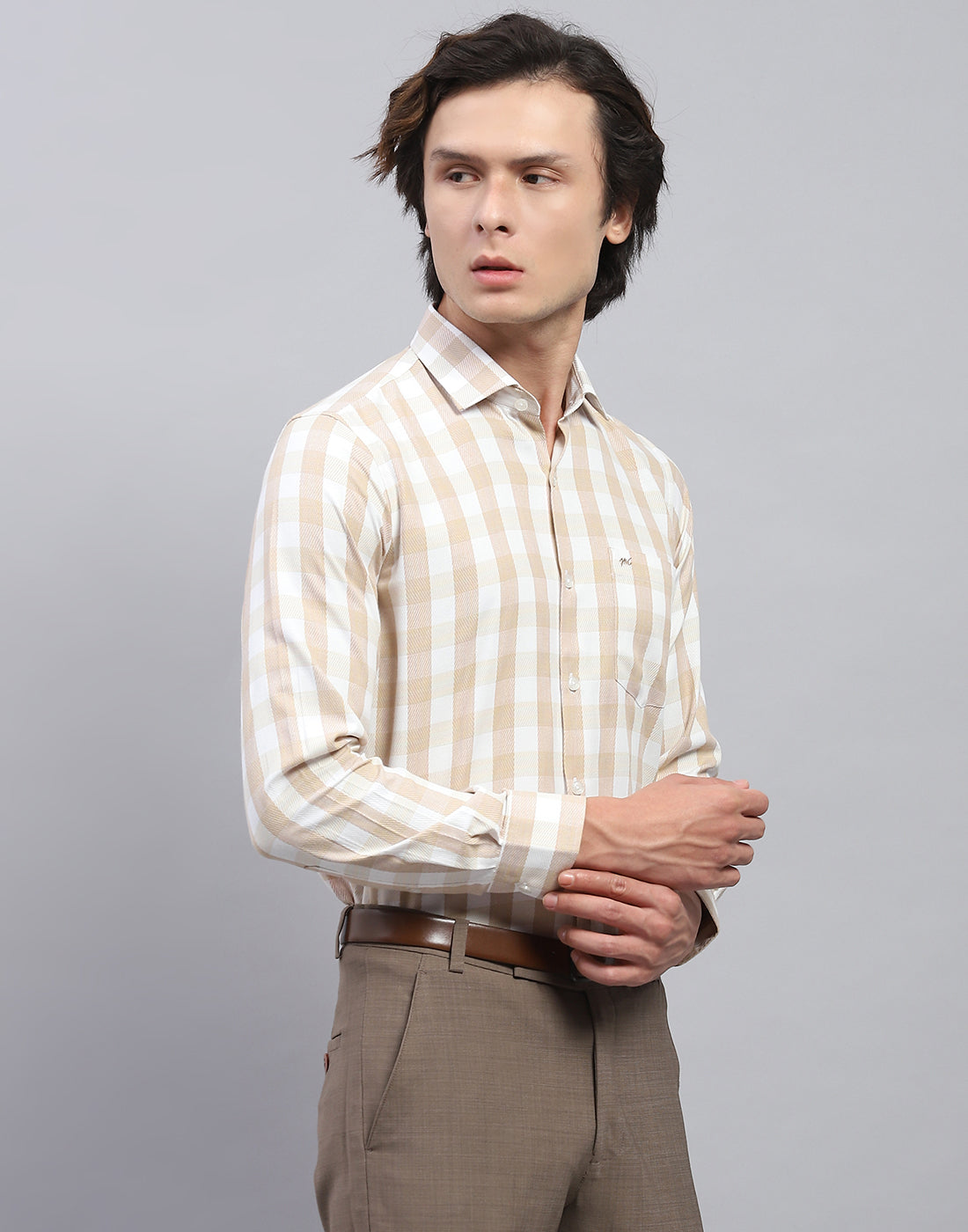 Men Beige Check Collar Full Sleeve Shirt