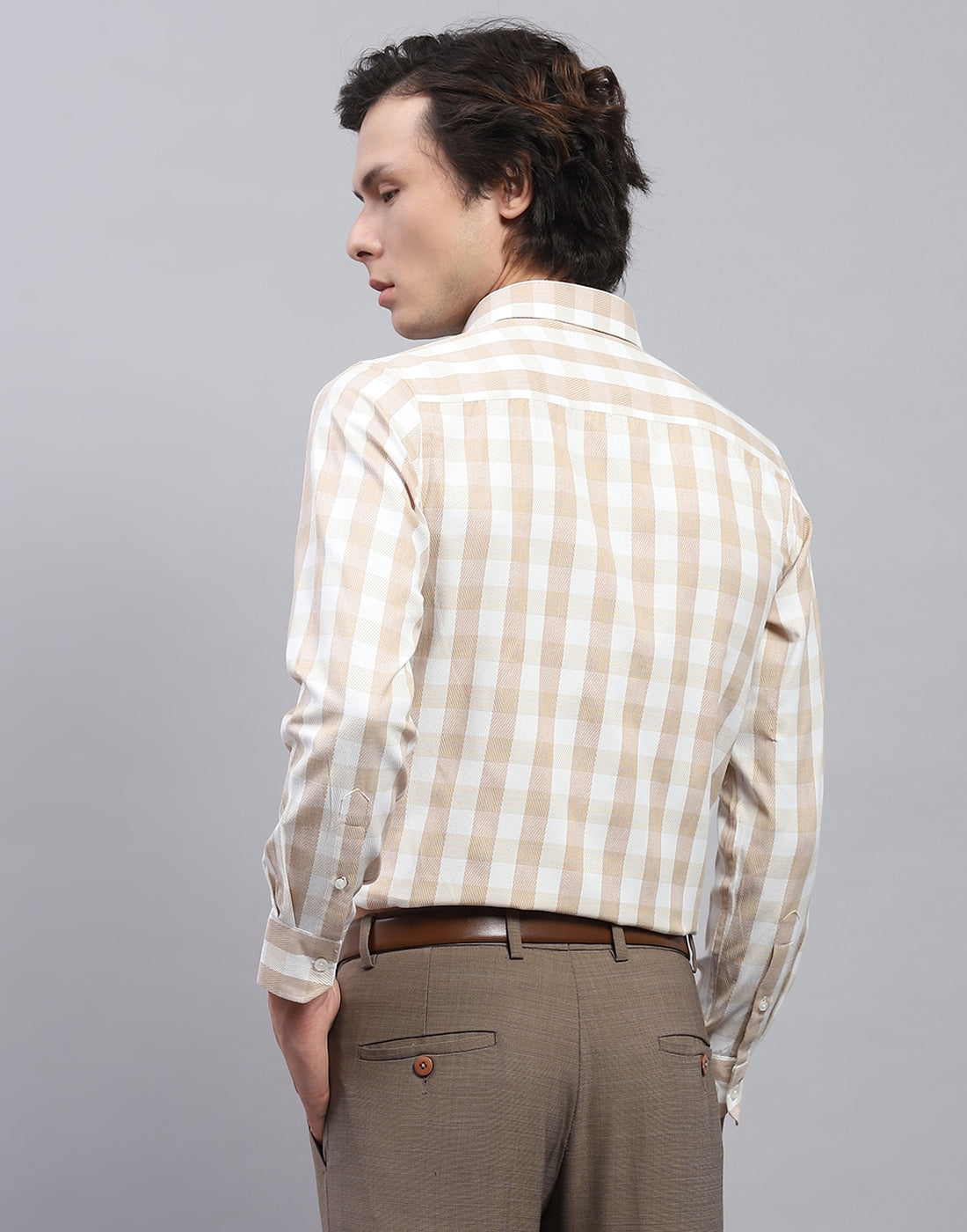 Men Beige Check Collar Full Sleeve Shirt