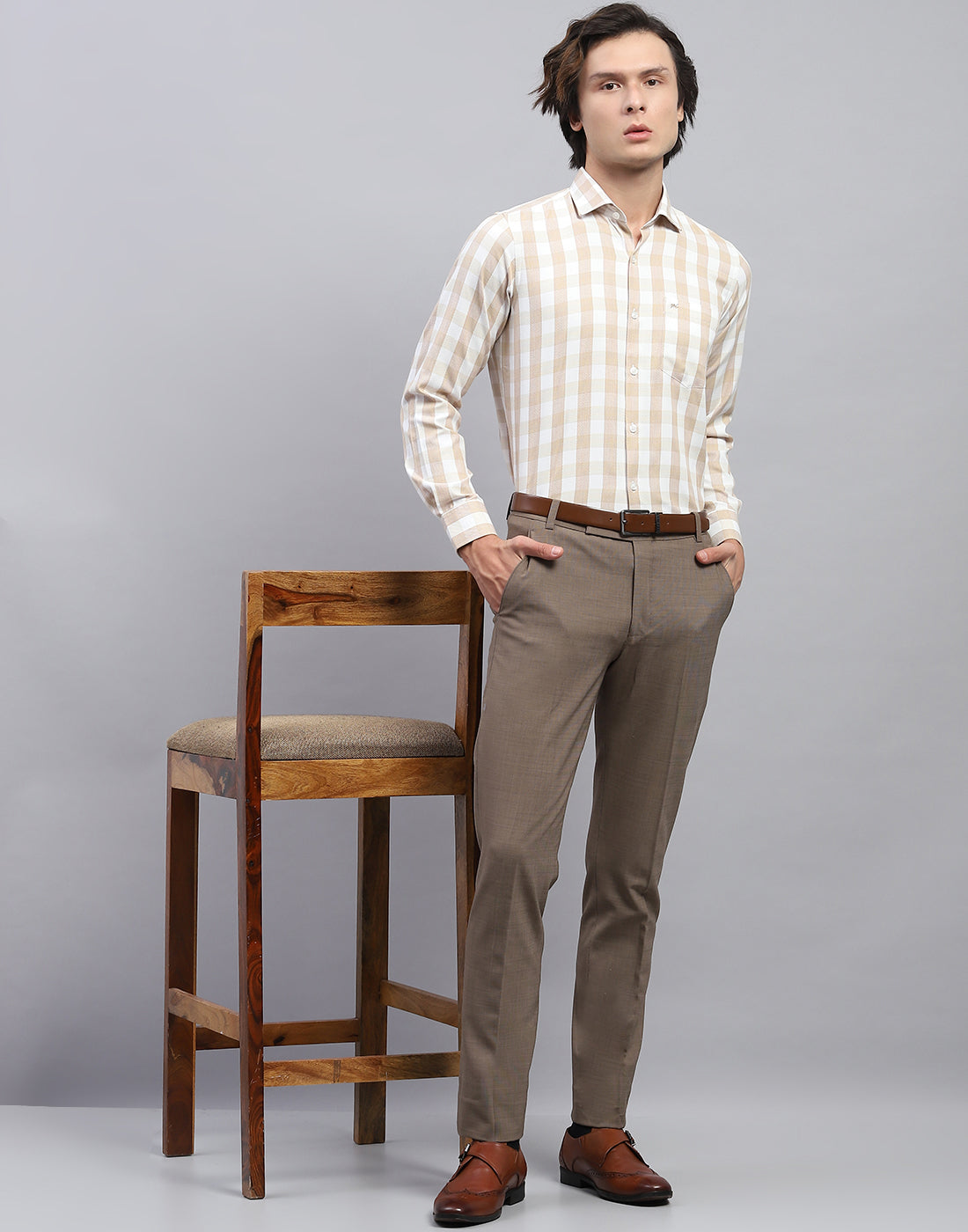 Men Beige Check Collar Full Sleeve Shirt