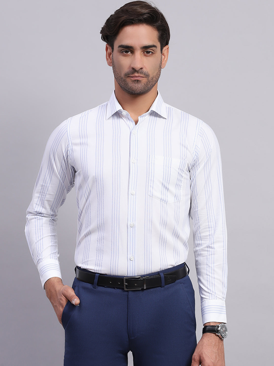 Men White & Blue Stripe Collar Full Sleeve Shirt