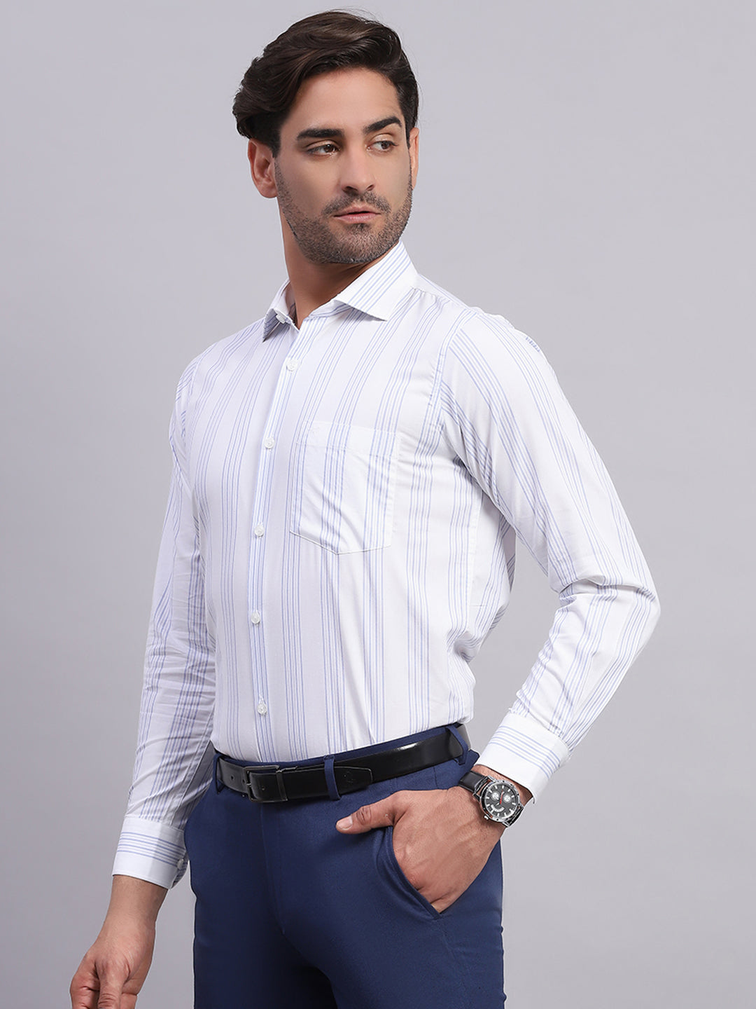 Men White & Blue Stripe Collar Full Sleeve Shirt